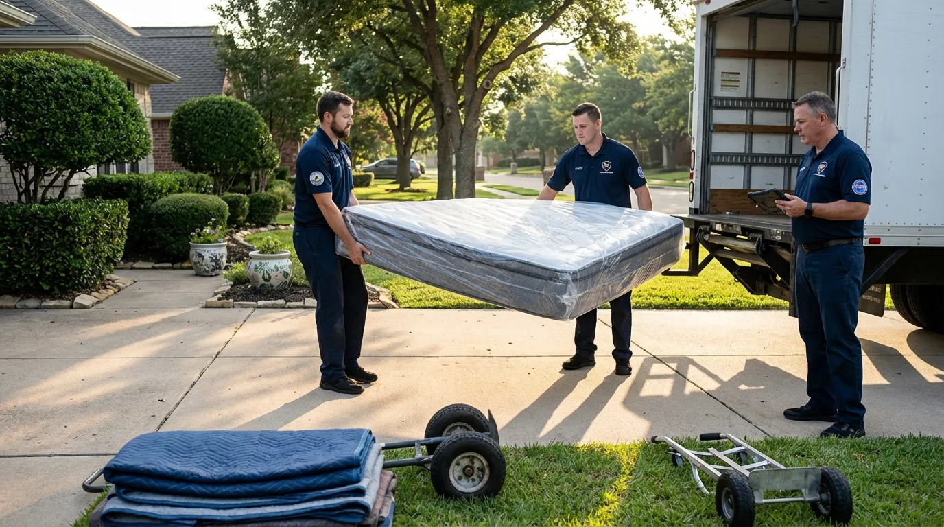 CamelBack crew loading padded residential furniture into moving truck on suburban driveway in Louisiana